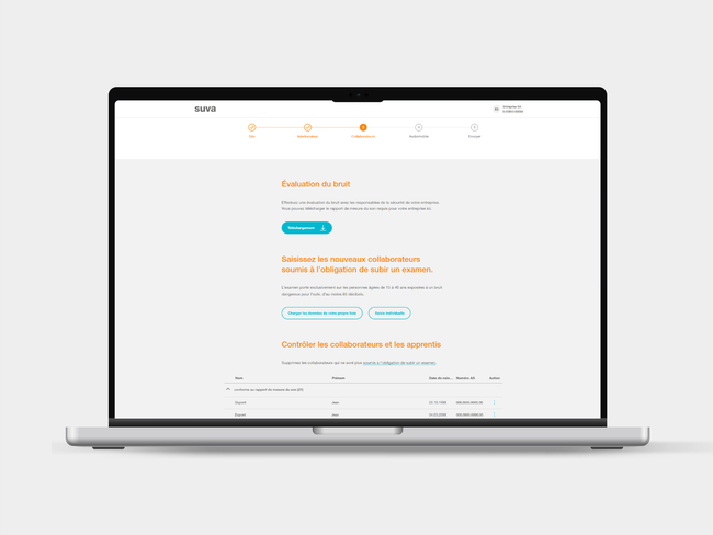 étape sur le portail en ligne pour l'examen de l'ouïe sur ordinateur portable et smartphone, où les nouveaux collaborateurs soumis à l'examen de l'ouïe sont enregistrés pour le test de l'ouïe et les données existantes sont vérifiées sous Evaluation du bruit.