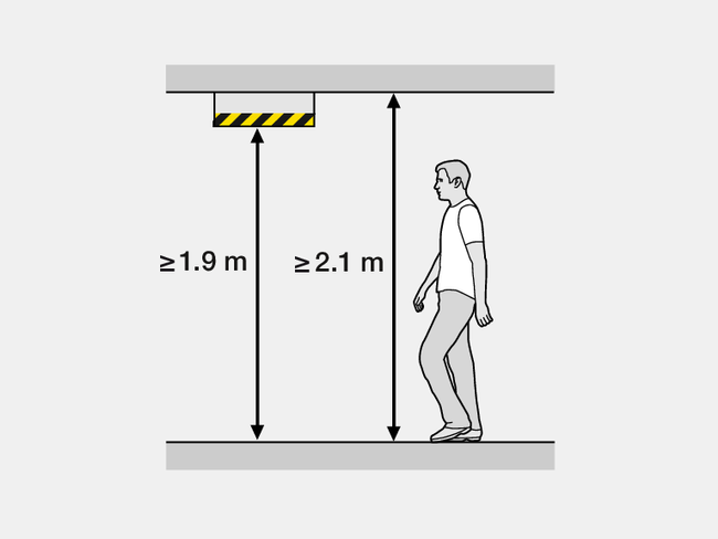 Un pedone attraversa una via di circolazione caratterizzata da limiti in alto e in basso. L'altezza è di 2,1 m. Un ostacolo montato sul soffitto riduce l’altezza a 1,9 m.
