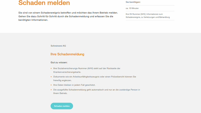 Screenshot zeigt Detailansicht des Online Service Schadenformular Mitarbeitende