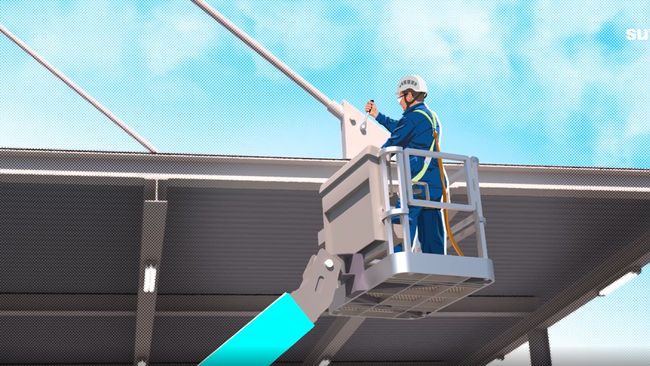 Illustrazione: Un operaio interviene su un montante del tetto da una piattaforma elevabile.