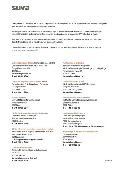 Dépistage du cancer de la peau – Liste des centres dermatologiques