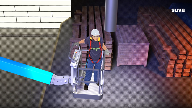 Illustration: un ouvrier se tient sur une plateforme élévatrice. Des poutres en bois sont stockées en arrière-plan.