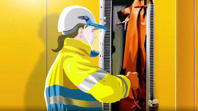 Illustration: Eine Arbeiterin in Arbeitskleidung mit Helm und Sichtschutz deckt Kabel ab.