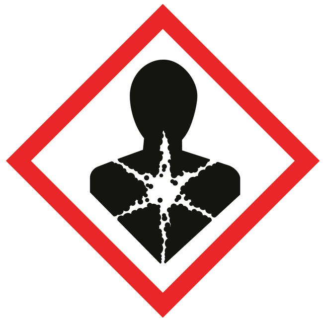 Das GHS-Gefahrensymbol «Gesundheitsschädigend». Es zeigt einen menschlichen Oberkörper, der sich zersetzt.