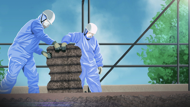 Illustration: Deux ouvriers portant une combinaison de protection et un masque respiratoire enlèvent des plaques en Eternit.