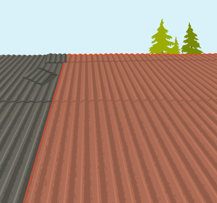 La parte vecchia del tetto è rossa, quella nuova è grigia.