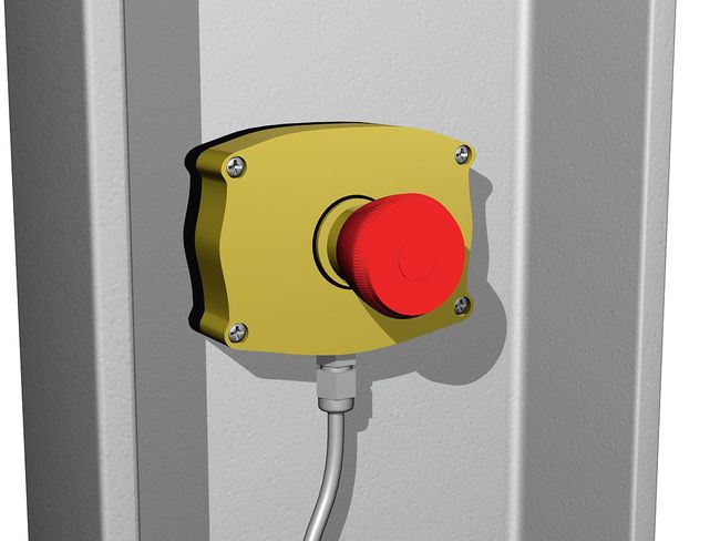 Ein Not-Halt-Gerät, das an ein Kabel angeschlossen ist, befindet sich an einer Metallsäule. Der Drucktaster ist rot, das Gehäuse gelb.