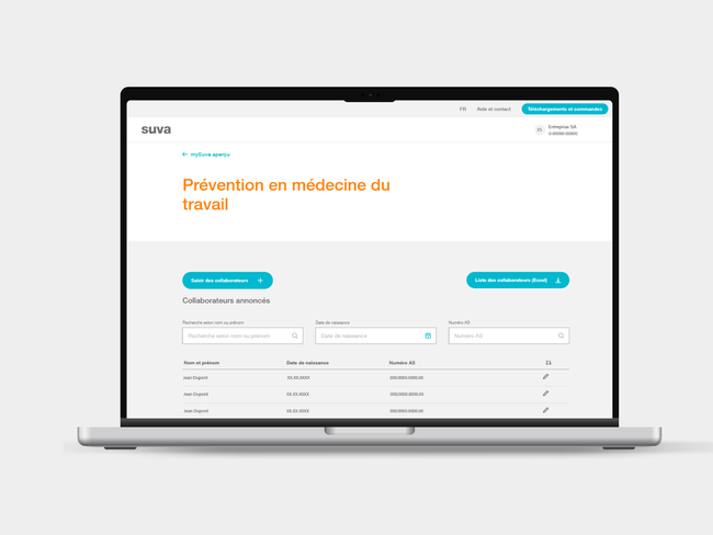 Page d'aperçu du service en ligne de médecine préventive du travail sur ordinateur portable et smartphone. Affichage et gestion des collaborateurs annoncés pour une visite médicale, y compris fonctions de filtrage et de recherche pour l'organisation de la visite médicale préventive dans l'entreprise.