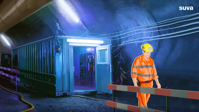 Illustration: Un ouvrier s’éloigne d’un conteneur de chantier dans un tunnel.