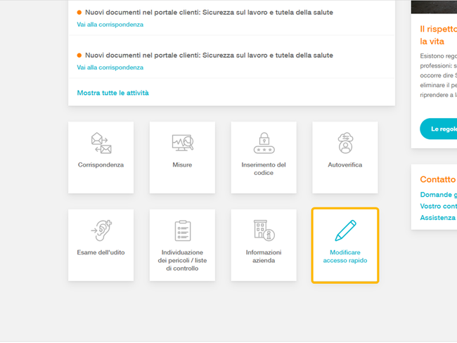 Una schermata mostra il riepilogo dei riquadri di accesso rapido nel portale clienti mySuva.