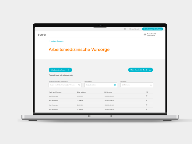 Detailansicht des Online-Services Medizinische Vorsorge zur Erfassung persönlicher Daten wie Name, Geburtsdatum und E-Mail im Rahmen eines medizinischen Check-ups.