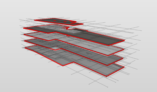 Raffigurazione grafica astratta dei cinque piani di un edificio con le aperture nel vuoto in rosso