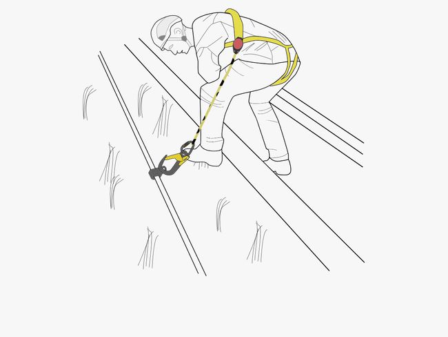 Un homme se trouve dans une zone à risque de chute. Son kit antichute est attaché à une corde, qui est reliée à une fixation horizontale au moyen d’un mousqueton. Le travailleur peut ainsi se déplacer le long du bord en restant sécurisé. Il a les deux mains libres.