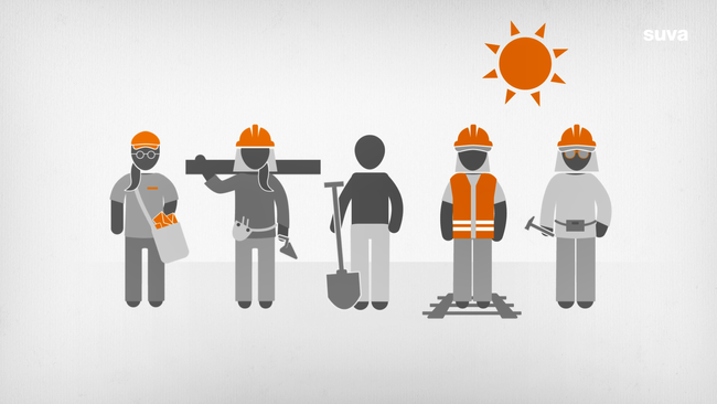 L'immagine mostra cinque figure che rappresentano diversi lavori. Quattro di loro indossano indumenti protettivi adeguati contro i raggi UV.