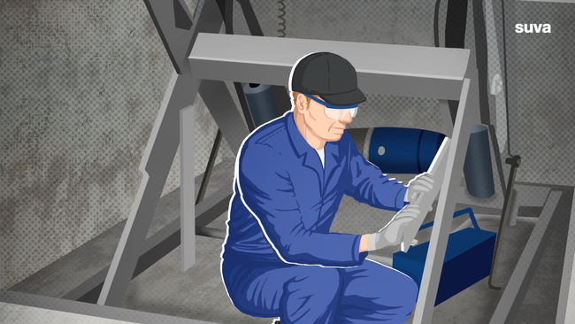 Illustration: Ein Arbeiter repariert eine Verstrebung im Gefahrenbereich einer Presse.