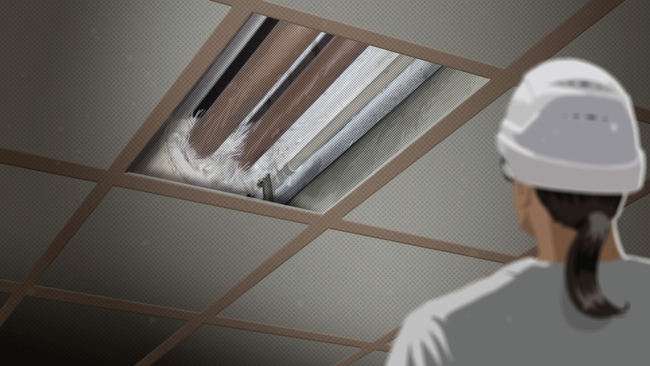 Illustration: Une ouvrière se tient sur un échafaudage mobile et décroche une plaque de faux plafond.