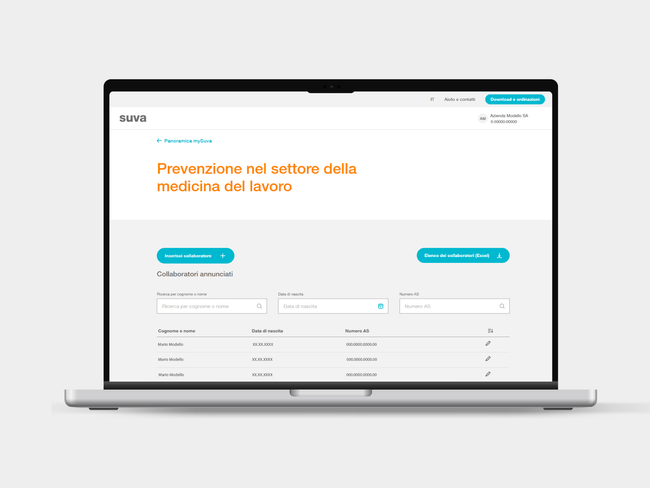 Pagina panoramica del servizio online di screening della salute sul lavoro su laptop e smartphone. Visualizzazione e gestione dei dipendenti registrati per una visita medica, comprese le funzioni di filtro e ricerca per l'organizzazione di visite mediche preventive in azienda.