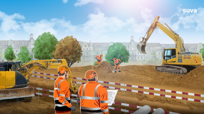 Illustration: Zwei Arbeiter beobachten Bauarbeiten hinter einer Abschrankung. Links und rechts im Bild sind Bagger zu sehen.