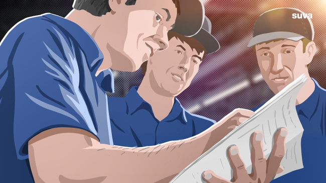 Illustration: Drei Arbeiter besprechen den Wartungsplan.