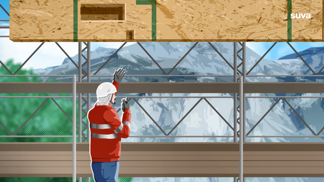 Illustrazione di un operaio che per radio indica il posizionamento corretto di un elemento di costruzione in legno