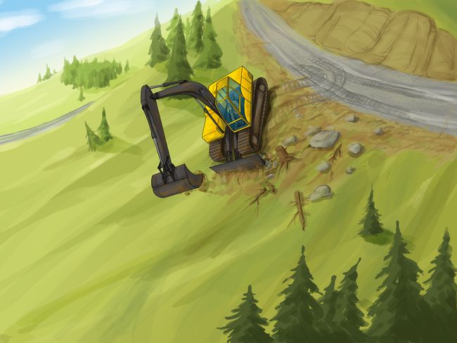Disegno: l'escavatore cingolato viene condotto sul terreno ripido sottostante una strada di montagna. Sopra l'escavatore è disegnata una croce rossa per significare «vietato».