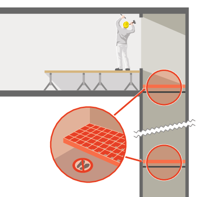 La même vue transversale du bâtiment, mais cette fois-ci, les cloisons coupe-feu sont sécurisées par des grilles en métal qui protègent contre les chutes. De plus, un panneau d’interdiction met en garde toute personne ayant l’intention de pénétrer dans la gaine.