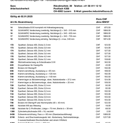 Liste de prix des dispositifs de protection pour machines à travailler le bois
