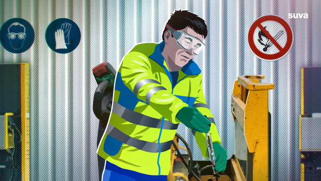 Illustrazione: Un lavoratore con giubbetto di sicurezza e occhiali di protezione verifica il livello di carica della batteria del carrello elevatore.