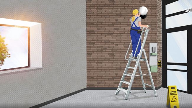 Illustration: une ouvrière se tient sur une échelle pour remplacer une ampoule.