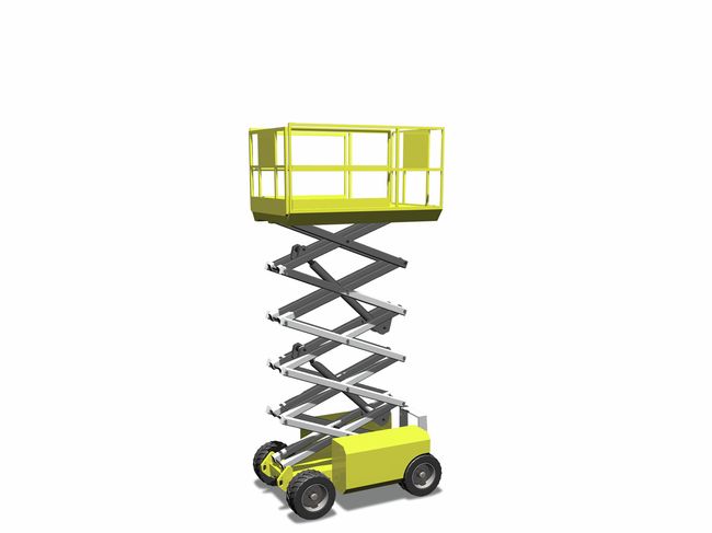 Eine mobil-vertikale Senkrecht-Hubarbeitsbühne auf Rädern ist ausgefahren. Sie kann während des Einsatzes autonom bewegt werden.