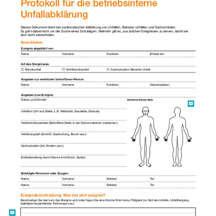 Protokoll für die betriebsinterne Unfallabklärung