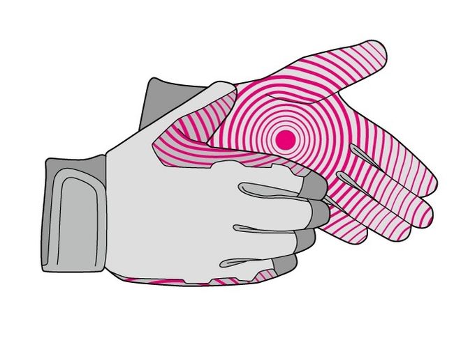 Dessin de gants dont les surfaces internes sont décorées de cercles rouges