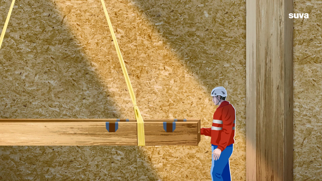 Illustration eines Arbeiters, der einen angeschlagenen Balken kontrolliert.