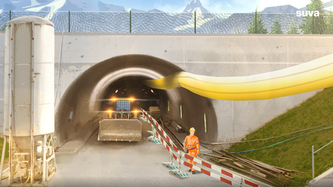 Illustration: Tunneleingang mit einem Bagger. Auf der rechten Seite steht ein Bauarbeiter hinter einer Abschrankung.