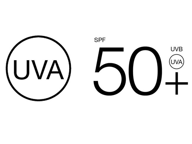 Un étiquette comportant les logos de protection solaire UVA, SPF 50+ et UVB