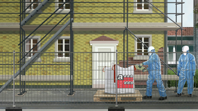 Illustrazione: Due operai in tuta e mascherina sono in piedi tra una casa da bonificare e le transenne circostanti.