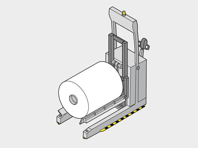 On voit ici un véhicule de transport autoguidé de face. Il transporte un gros rouleau de papier blanc.