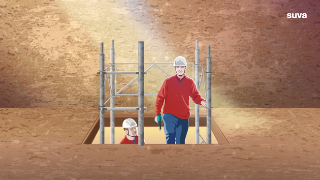 Illustration von zwei Arbeitern, die über eine Arbeitstreppe an den Arbeitsplatz steigen.