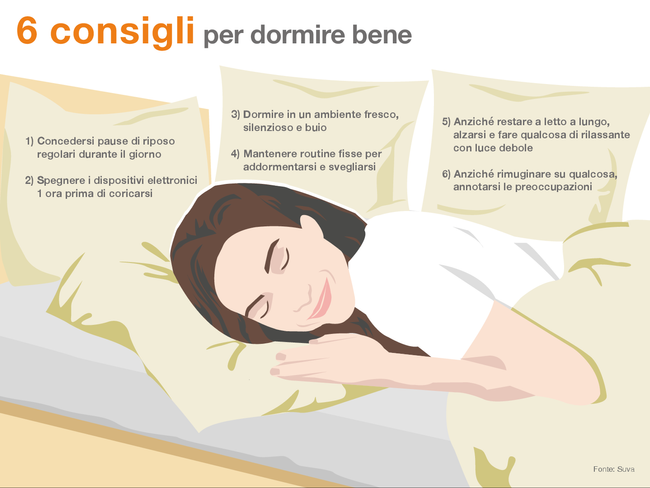 L’infografica mostra una donna che dorme tranquilla e rilassata. Sui cuscini del suo letto sono riportati 6 consigli per dormire bene:  1) Concedersi pause di riposo regolari durante il giorno 2) Spegnere i dispositivi elettronici 1 ora prima di coricarsi  3) Dormire in un ambiente fresco, silenzioso e buio 4) Mantenere routine fisse per addormentarsi e svegliarsi  5) Anziché restare a letto a lungo, alzarsi e fare qualcosa di rilassante  con luce debole 6) Anziché rimuginare su qualcosa, annotarsi le preoccupazioni  Fonte: Suva