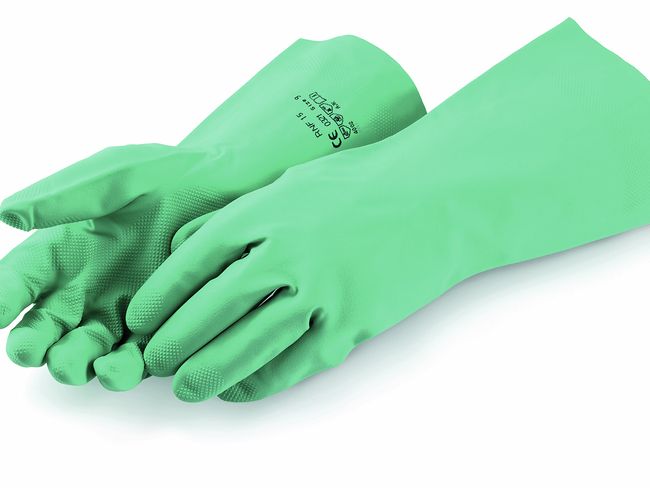 Ein Paar feste grüne Gummihandschuhe
