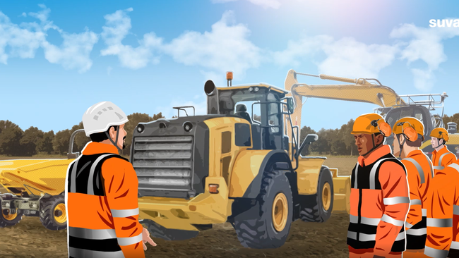 Illustration: Eine Gruppe Bauarbeiter steht vor mehreren grossen Baumaschinen.