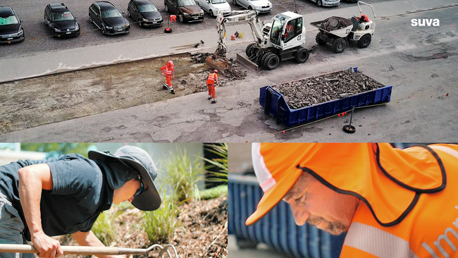 Différentes séquences montrent des travailleurs sur un chantier de construction de route, une jardinière-paysagiste avec un chapeau de soleil et un protège-nuque ainsi qu’un ouvrier avec un casque jaune et un protège-nuque de la même couleur.