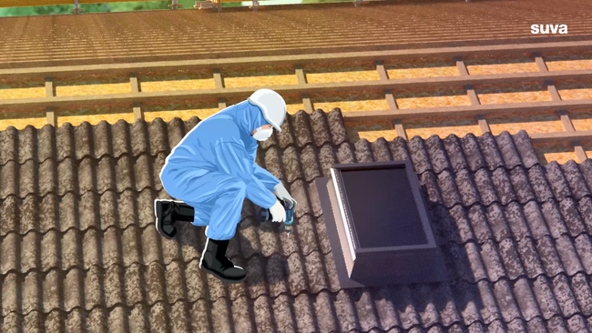 Illustration d’un ouvrier portant une protection respiratoire sur un toit en tôle ondulée.