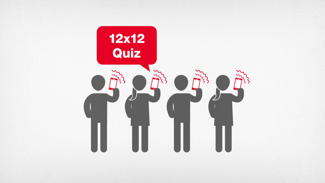 Illustration montrant quatre personnes. Ils tiennent tous un smartphone à la main. Une bulle symbolise le fait que les smartphones reçoivent une notification de l'application 12x12.