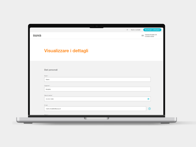 Vista dettagliata del servizio di check-up medico online per la registrazione di dati personali quali nome, data di nascita ed e-mail nell'ambito di un check-up medico.