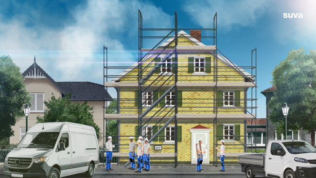 Illustration: Ein eingerüstetes Haus, vor dem sieben Personen in Arbeitskleidung stehen. 