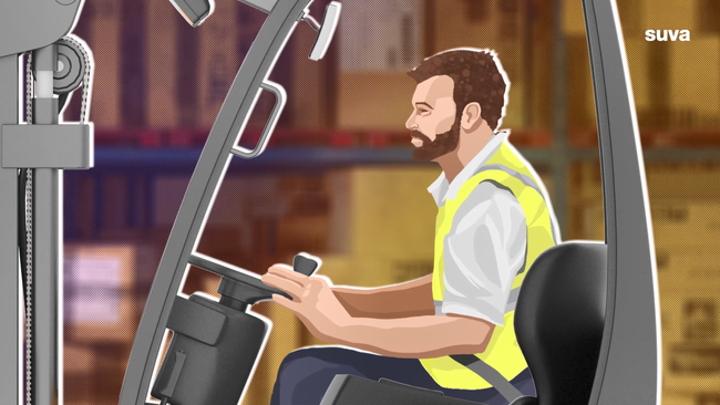 Illustration: Ein Staplerfahrer bei der Arbeit.