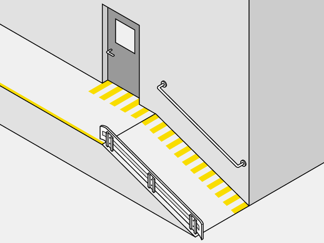Une rampe longe un bâtiment. Une bande jaune côté bâtiment qui représente le revêtement antidérapant suit la rampe. Un garde-corps avec main courante se trouve sur le côté extérieur de la rampe.