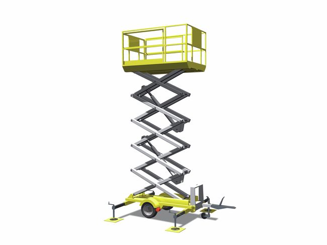 È raffigurata una piattaforma di lavoro elevabile verticale dotata di stabilizzatori. Si trova in posizione di estensione.