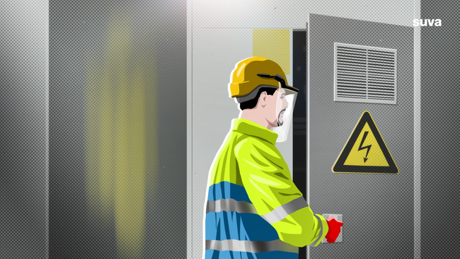 Illustration: Ein Arbeiter öffnet eine Schranktür, an der ein Warnzeichen für gefährliche elektrische Spannung angebracht ist.